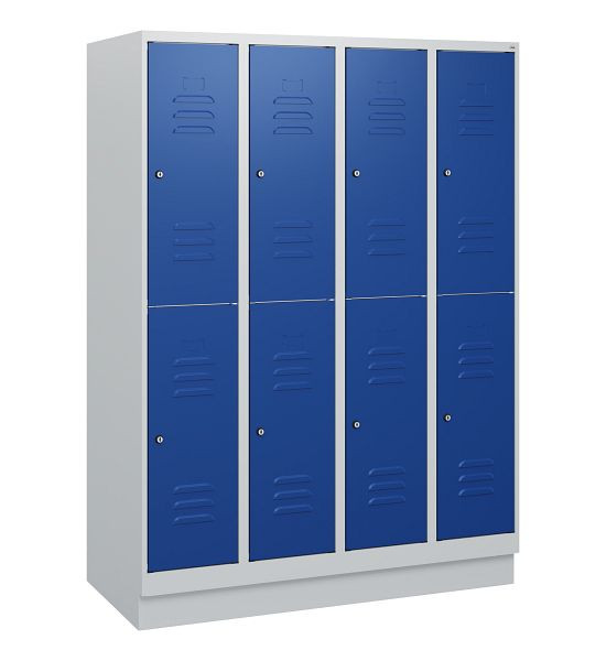 C+P Doppelstöckiger Spind Classic PLUS, Sockel, 4 Abteile, 1630x1200x500mm, 7035/5010, Zylinderschlösser, 0803205-40 S10033