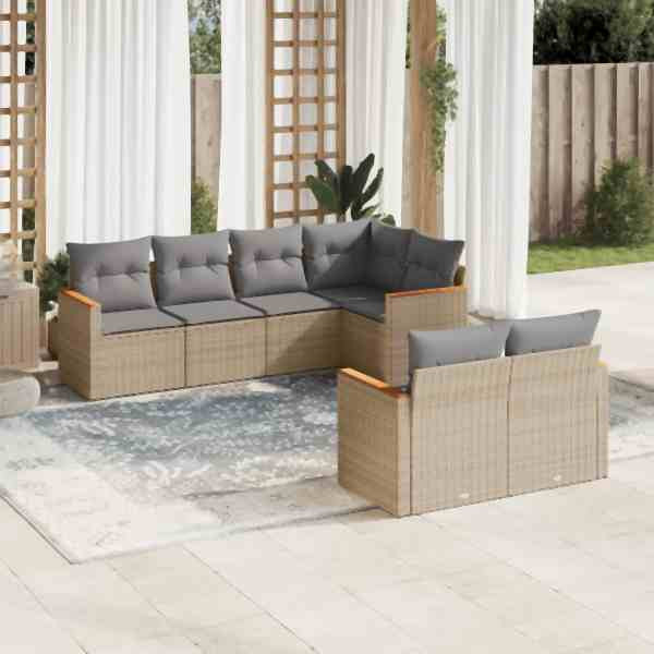 vidaXL 7-tlg. Garten-Sofagarnitur mit Kissen Beige Poly Rattan, UV-beständig, 3258545
