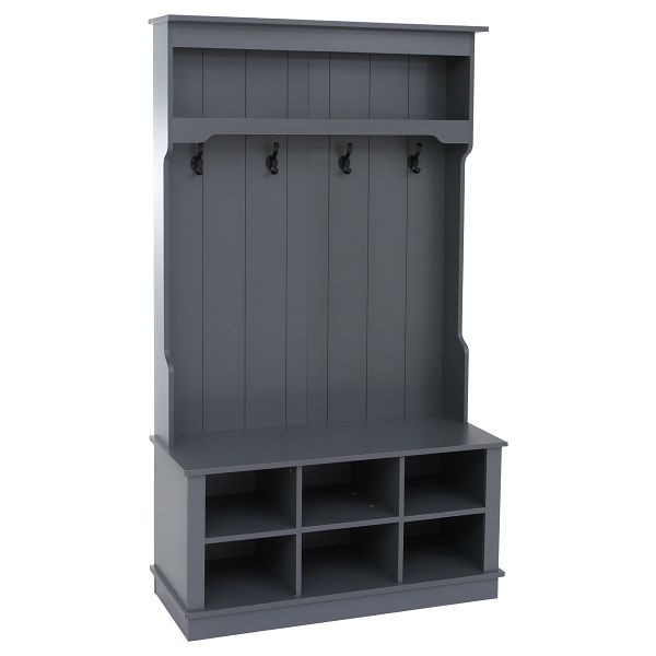 Mendler Garderobe HWC-P26, Flurgarderobe Holzgarderobe Sitzbank, 4 Haken Staufach Ablage Melamin 170x100x39cm, dunkelgrau, 118666+118667