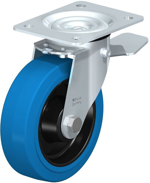 Blickle LE-POEV 160XR-ST-SB Stahlblech-Lenkrolle mit Anschraubplatte & Feststeller, Elastik-Vollgummi, Blau, 850161