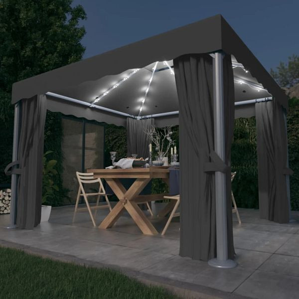 vidaXL Pavillon mit Vorhängen & LED-Lichterkette 3x3 m Anthrazit, 3070347