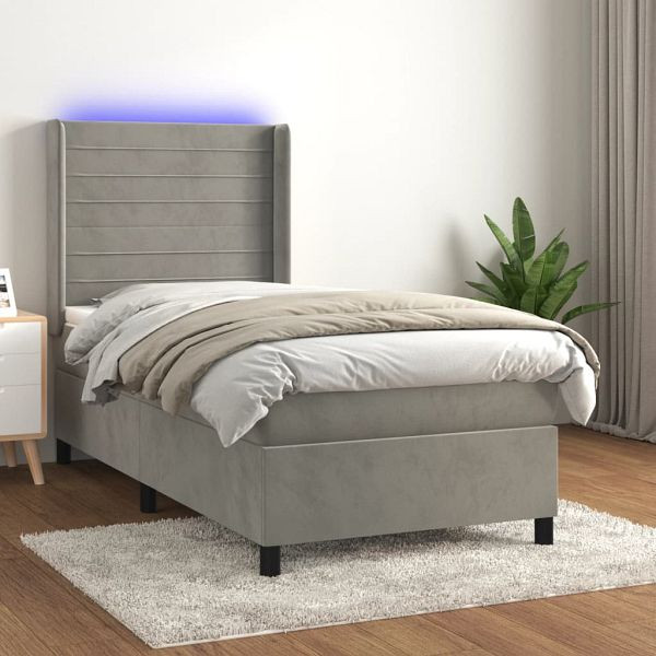 vidaXL Boxspringbett mit Matratze & LED Hellgrau 90x200 cm Samt, 3139601