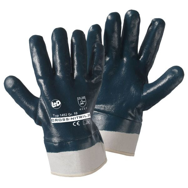 L+D CROSS-NITRIL2 Handschuhe mit Segeltuchstulpe, blau ganz beschichtet, - silikonfrei, Größe: 10, VE: 144 Paar, 1452-10