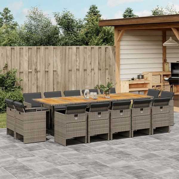 vidaXL 15-teilig Garten-Essgruppe mit Kissen Grau Poly Rattan, 3277825