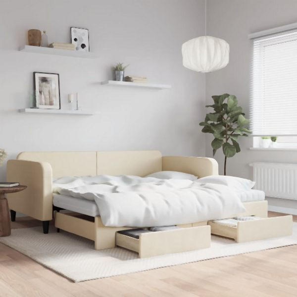 vidaXL Tagesbett Ausziehbar mit Schubladen Creme 100x200 cm Stoff, 3196879
