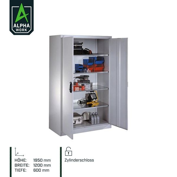 Alpha Work Werkzeugschrank mit Drehtüren, 1200 x 1950 x 600 mm, innen 4 Böden, Lichtgrau, 00113