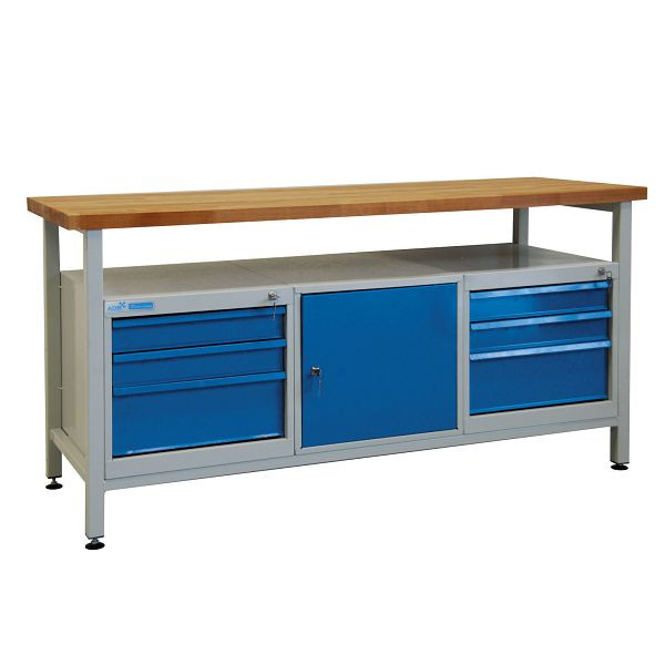 ADB Werkbank 6 Schubladen + 1 Tür (L), Ablage, Maße LxBxH: 1700x600x840 mm, Werktisch: lichtgrau, RAL 7035, Tür/Schubladen: Lichtblau, RAL 5012, 42750