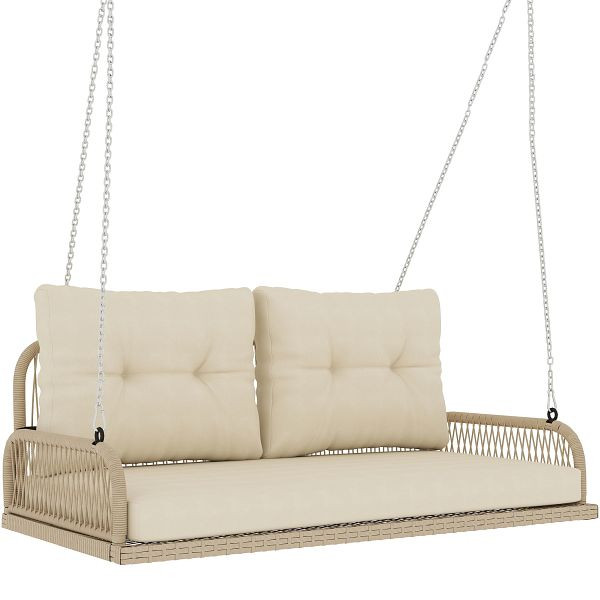 Outsunny Hollywoodschaukel 2-Sitzer Rattan Gartenschaukel mit Kissen Ketten bis 240 kg 115 x 66 x 44 cm Beige, 867-245V00BG