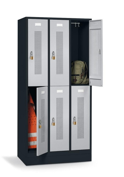 Deskin Doppelstöckiger Garderoben-Stahlspind mit Sockel, Alusilber RAL 9006, 870 x 500 x 1800 mm, 6 Abteile, Korpus: Anthrazit RAL 7021, 346957