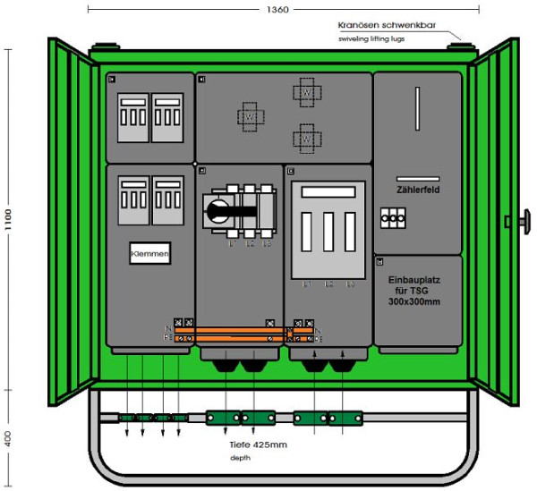 Elektra Tailfingen Anschlussschrank 173 kVA mit Wandlermessung mit 5 NH Abgang mit TSG Platz, A 250-1Z-4 AB-TSG, 183259
