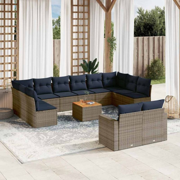 vidaXL 13-teilige Garten-Sofagarnitur mit Kissen Grau Poly Rattan, 3256691