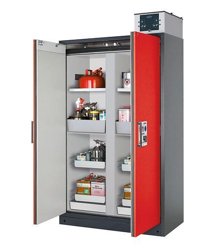 asecos Feuerbeständiger Gefahrstoffschrank Select, Mittelwand, mit Einlegeböden, Auszugswannen, rot, 266857