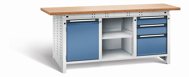 Otto Kind Werkbank Serie function Typ 307, Multiplexplatte 40 mm, überstehend, 2x Unterbau + mittleres Feld, Gehäuse RAL 7035, Front RAL 5023, 072362264