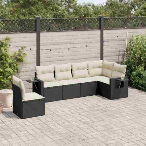 vidaXL 6-tlg. Garten-Sofagarnitur mit Kissen Schwarz Poly Rattan, UV-beständig, 3220225