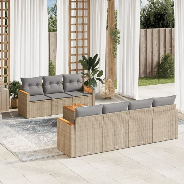 vidaXL 8-teilig Garten-Sofagarnitur mit Kissen Beige Poly Rattan, 3225807