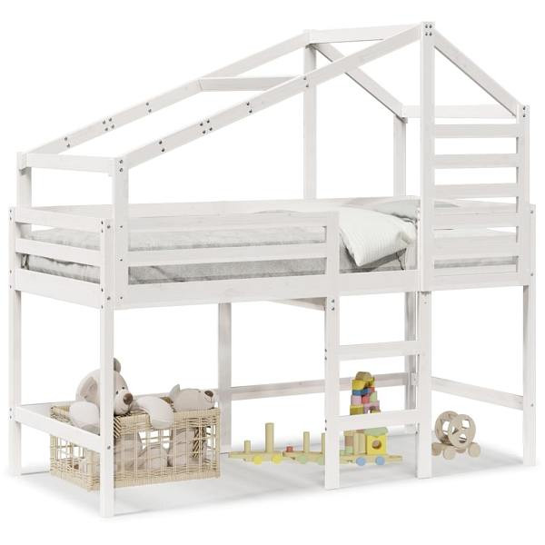 vidaXL Hochbett mit Leiter und Dach Weiß 90x200 cm Massivholz Kiefer, 3281989