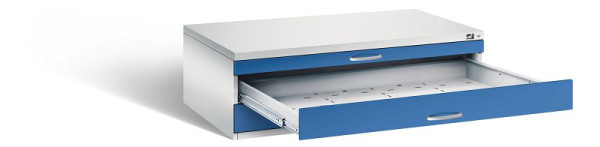 C+P Flachablageschrank Serie 7100_7200, H420xB1350xT960mm, Farbe: Lichtgrau / Enzianblau, Bügelgriff, 7200-100 S10097