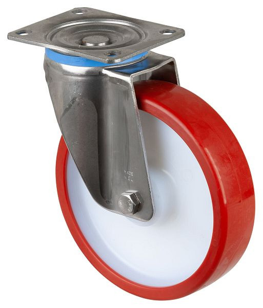 BS Rollen Edelstahl Schwerlastrolle, Breite 50 mm, Ø200 mm, bis 450 kg, Lauffläche Polyurethan rot, Körper Kunststoff, Edelstahl-Rollenlager, HS100.B28.201