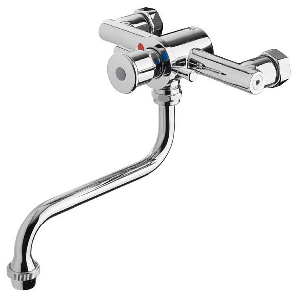 Gastro-Inox Mischbatterie mit wassersparender Druckknopfsteuerung, langer Auslauf unten, 402.604
