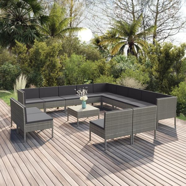 vidaXL 14-teilig Garten-Lounge-Set mit Auflagen Poly Rattan Grau, 3094490