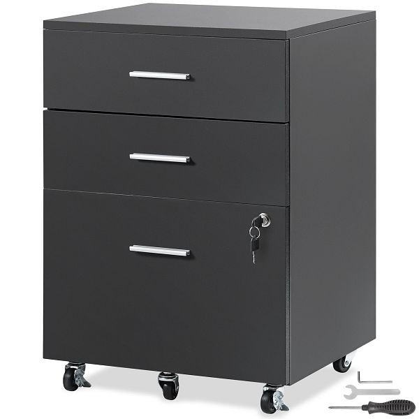 VEVOR 3-Stockiger Aktenschrank mit 3 Schubladen + 2 Schlüsseln, 63,5 kg Belastbar Tragfähigkeit, 450 x 400 x 650 mm Metall, MZWJJ16INCH36T2INV0