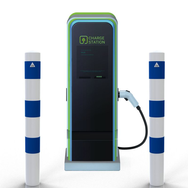 Stein HGS Absperrpoller als E-Ladesäulenschutz, Pfosten Ø 102 mm, blau, weiß, 63695.0007