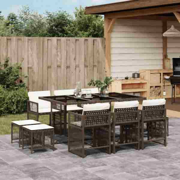 vidaXL 11-tlg. Garten-Essgruppe mit Kissen Braun Poly Rattan, UV-beständig, 3211689