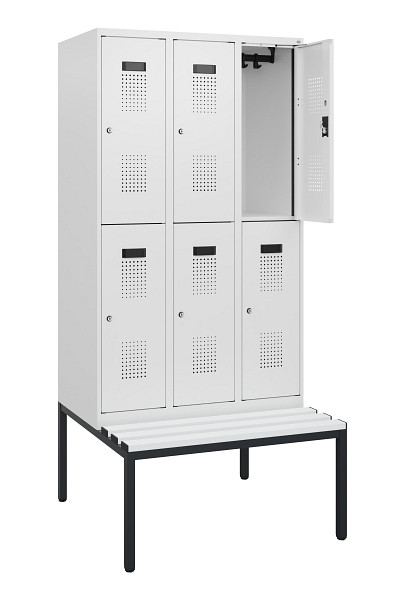 C+P Doppelstöckiger Spind Evolo PLUS, Bank, 6 Fächer, 1950x900x815mm, 9016/9016, Zylinderschloss, Sitzfläche Kunststoff, Sitzbank, 0493505-30 S10155