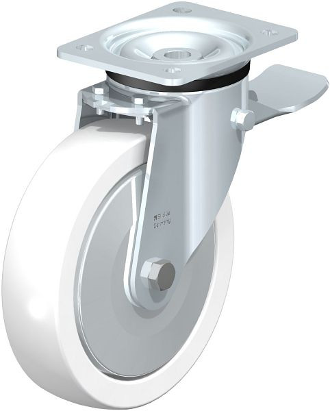 Blickle LK-SPO 200G-ST-FA Stahlblech-Lenkrolle, schwere Ausführung, mit Anschraubplatte & Feststeller, Polyamid, Weiß, 232884