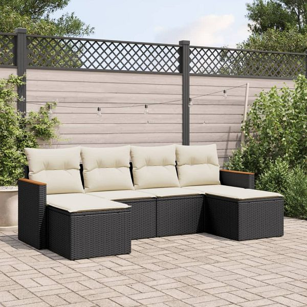 vidaXL 6-teilig Garten-Sofagarnitur mit Kissen Schwarz Poly Rattan, 3226217