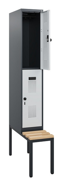 C+P Doppelstöckiger Spind Evolo PLUS, Bank, 2 Fächer, 1950x300x815mm, 7016/7035, Drehriegel, Sitzfläche Buche-Hartholz, Sitzbank, 0493505-10 S10017