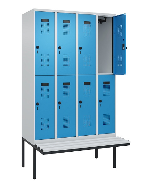 C+P Doppelstock-Spind Evolo PLUS, Bank, 8 Fächer, 2120x1200x815mm, 7035/5012, Drehriegel, Sitzfläche Kunststoff, 0493407-40 S10088
