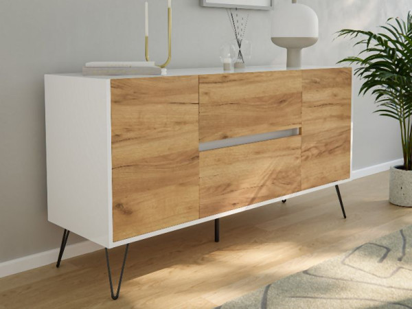 Posseik Sideboard Industrial F 140cm 2 Schubladen 2 Türen Weiß/Eiche Front, PN2083X0000034DE