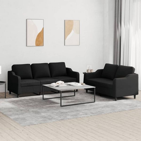 vidaXL 2-teilig Sofagarnitur mit Kissen Schwarz Stoff, 3201838