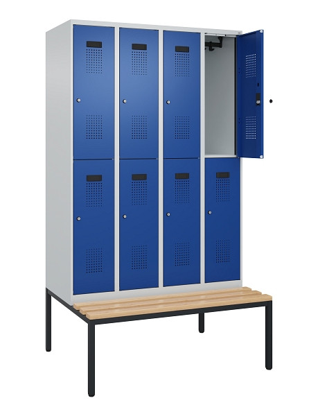 C+P Doppelstock-Spind Evolo PLUS, Bank, 8 Fächer, 2120x1200x815mm, 7035/5010, Zylinderschloss, Sitzfläche Buche-Hartholz, Sitzbank, 0493507-40 S10033
