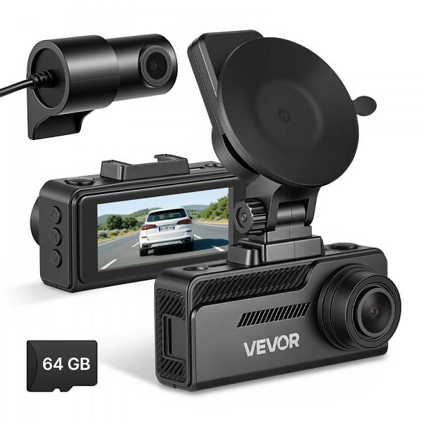 VEVOR 4K Dashcam Vorne/Hinten, 1080p Dual-Kamera, GPS, G-Sensor, 64GB, 3,18" Bildschirm, Loop, Parkmodus, Schwarz, DFBLXCJLYXPNA2XEY001V9