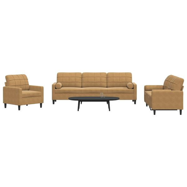 vidaXL 3-tlg. Sofagarnitur mit Kissen und Nackenrollen Braun Samt, 3278458