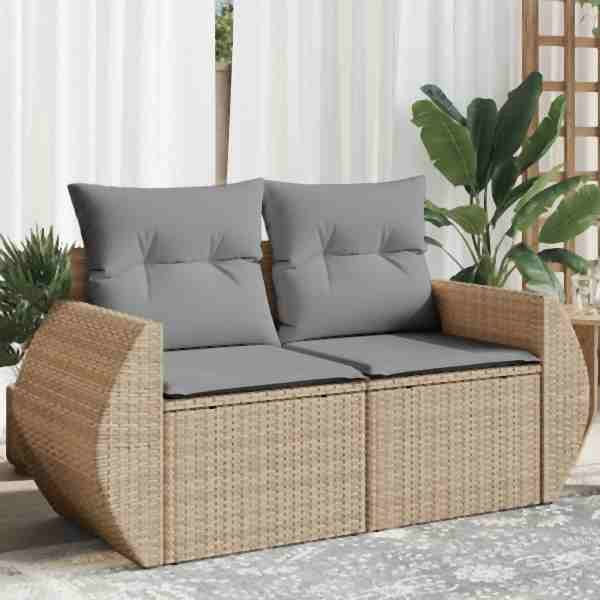 vidaXL Gartensofa mit Kissen 2-Sitzer Beige Poly Rattan, UV-beständig, 366107