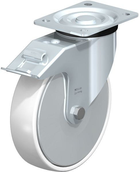 Blickle L-PPN 200G-FI-FA Stahlblech-Lenkrolle, mittelschwere Ausführung, mit Anschraubplatte & Feststeller, Polypropylen, Weiß, 762819