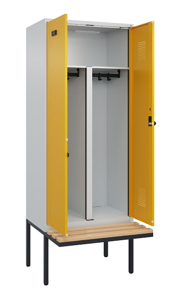 C+P PSA Doppel-Spind Evolo PLUS, Bank, 2 Abteile, 2120x800x815mm, 7035/1004, Drehriegel, Sitzfläche Holz, 0490427-22P S10000