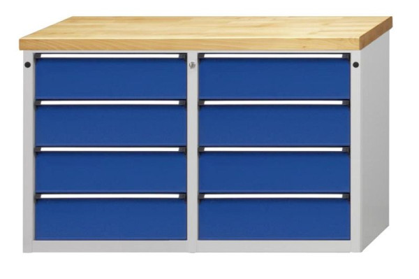 ANKE Werkbänke Beistellschrank; 1275x615x850 mm; RAL 7035/5010; Wanne mit Antirutschmatte; Links 4 Schubladen; Rechts 4 Schubladen, 600.114