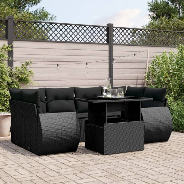 vidaXL 7-teilig Garten-Sofagarnitur mit Kissen Schwarz Poly Rattan, 3268385