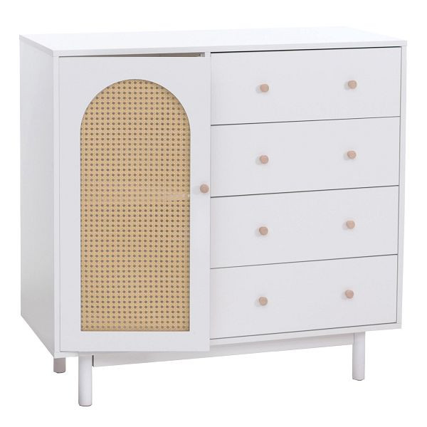 Mendler Kommode HWC-P52, Schrank Sideboard Highboard, Schubladen Staufächer, Poly-Rattan MDF Melamin 95x100x40cm, weiß, 139918+139919