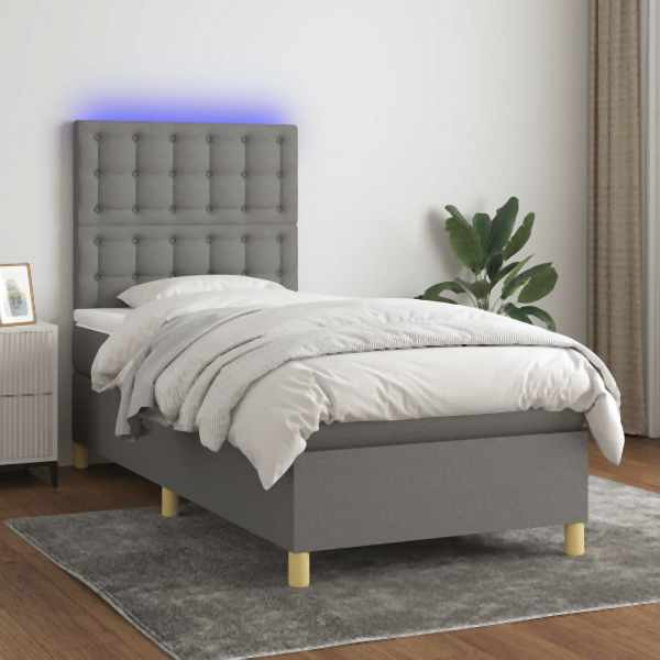 vidaXL Boxspringbett mit Matratze & LED Dunkelgrau 100x200 cm Stoff, 3135734