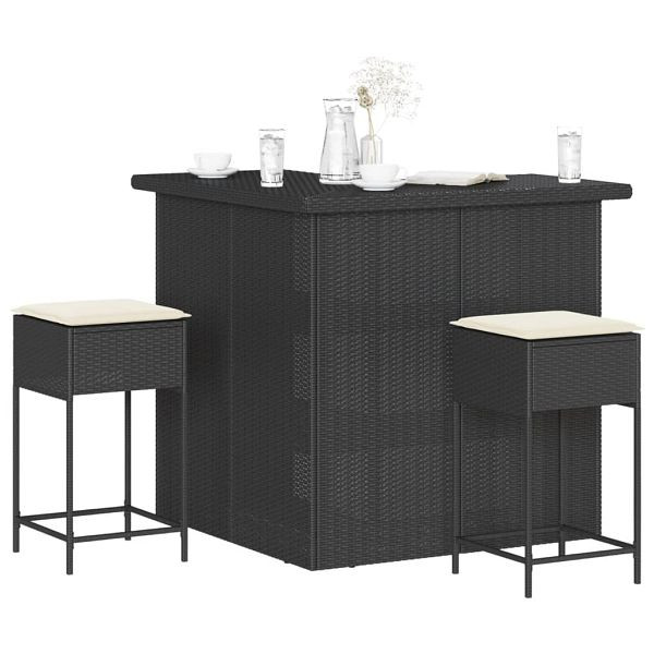 vidaXL 3-tlg. Gartenbar-Set mit Kissen Schwarz Poly Rattan, 3261502