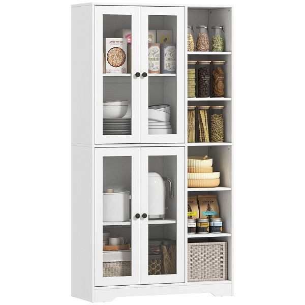 HOMCOM Küchenschrank mit Glastüren, Regale, offene Ablagen, 172 cm groß, MDF, Weiß, 83A-352V90WT