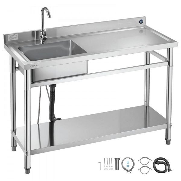VEVOR Edelstahl Spültisch 120x50x94 cm, Einzelbecken mit Wasserhahn & Ablage, Küchenspüle für Garage/Restaurant/Wäscherei, DSCDGZT120CMN8UVM001V0