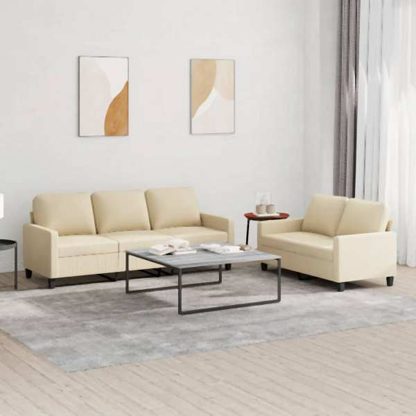vidaXL 2-tlg. Sofagarnitur mit Kissen Creme Stoff, 3201462