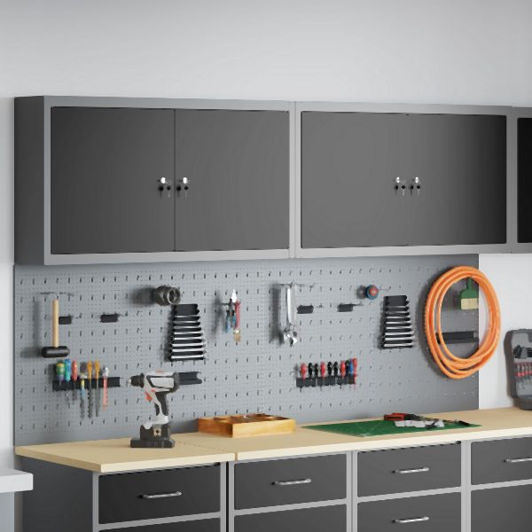 vidaXL 6-teiliges Werkzeugschrank- und Lochplatten-Set wandmontierbar, schwarzes Metall, 3321402