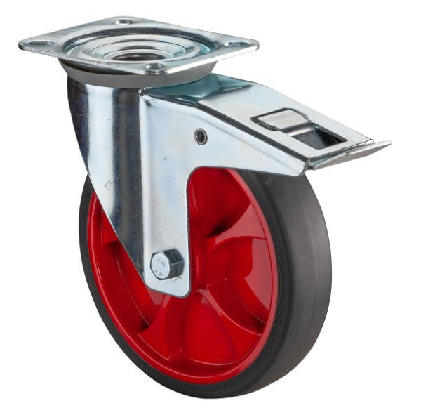 BS Rollen Transportrolle Lenkrolle mit Festeller, thermoplastisches Gummirad, Reifen grau, Felge rot, Rollenlager, Platte: 200 mm, L420.B44.201.03